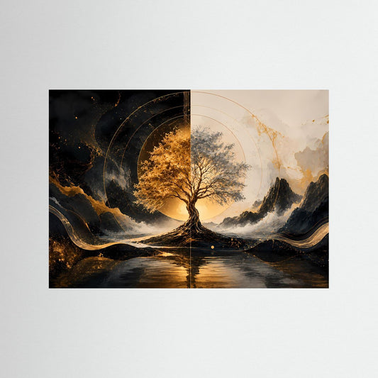 Kunstdruck „Baum des Lebens“ in Schwarz-Gold, Landschaft mit goldenem Baum und Wasserreflexion