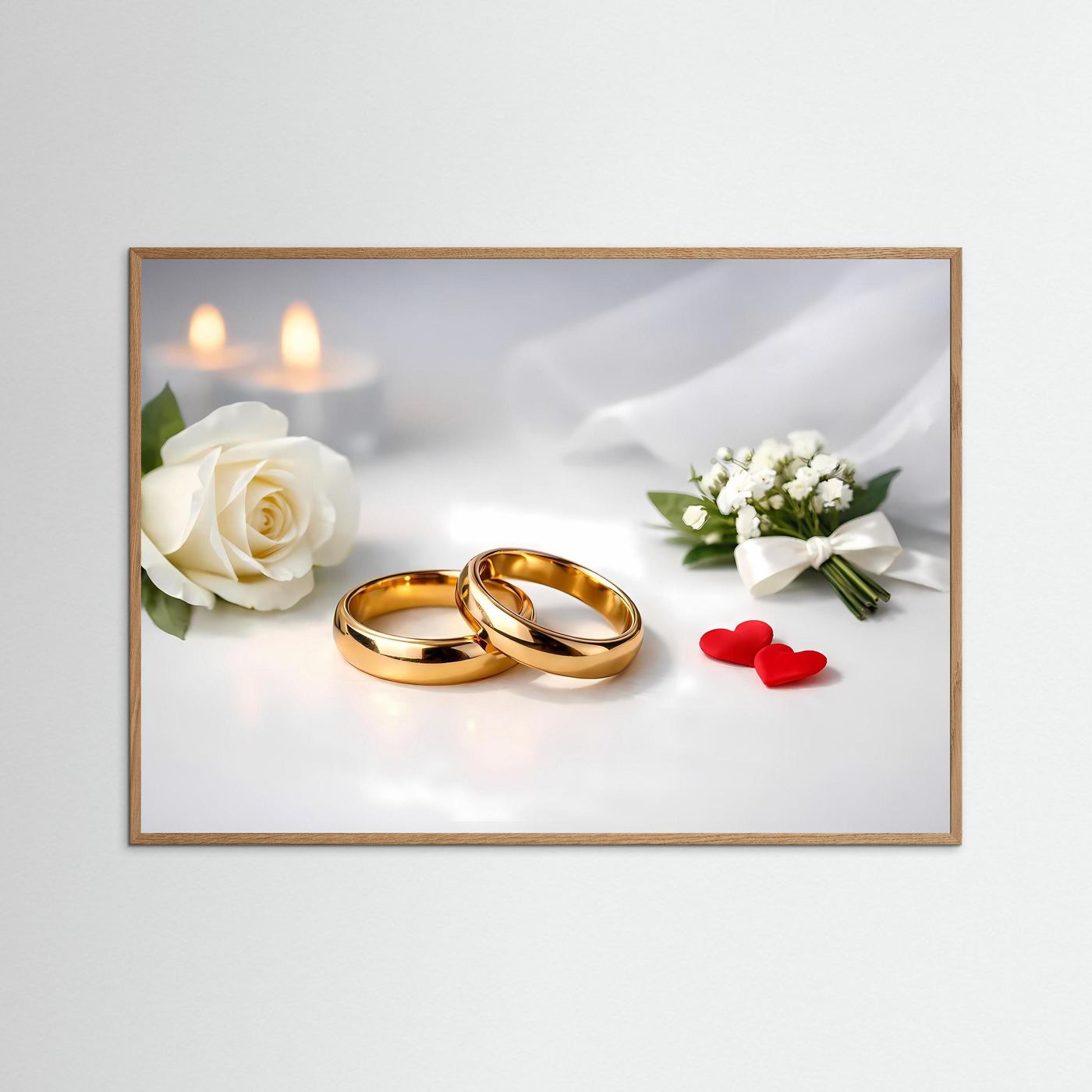 Hochzeits-Poster im braunen Rahmen mit goldenen Eheringen, weißer Rose, Kerzen