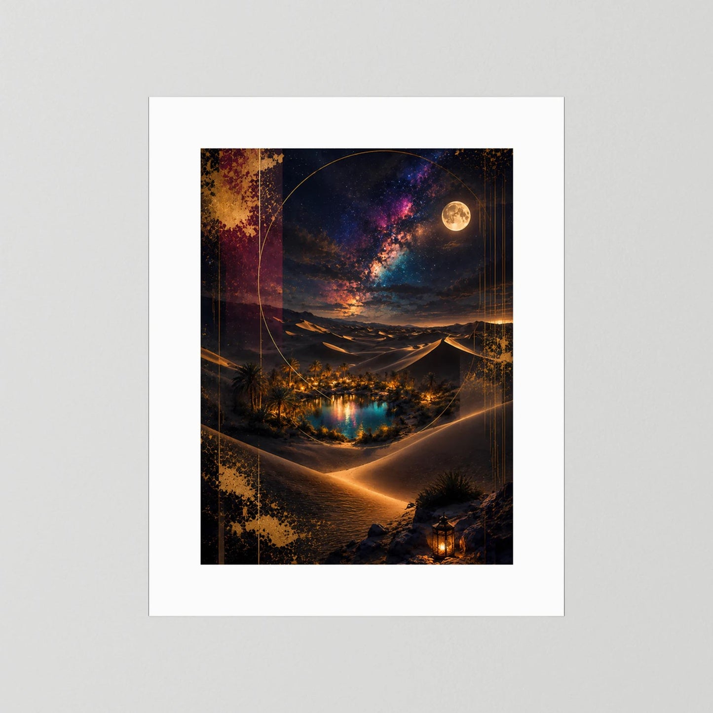 Hochformat-Poster mit weißem Passepartout: Vollmond über Wüstenoase mit Sternen