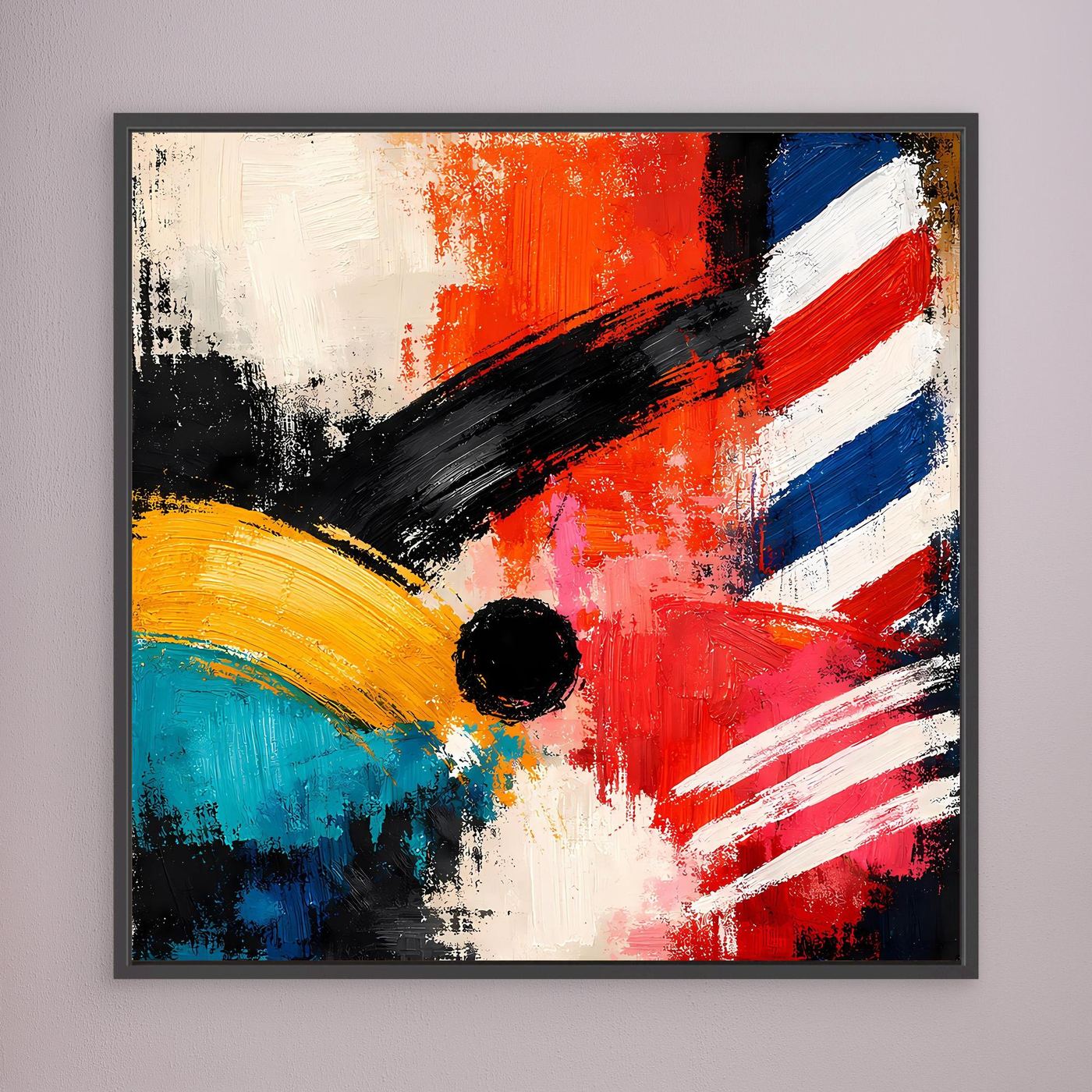 Abstract geometric wall art canvas with orange, red, blue, black, white stripes and swirls, black frame
