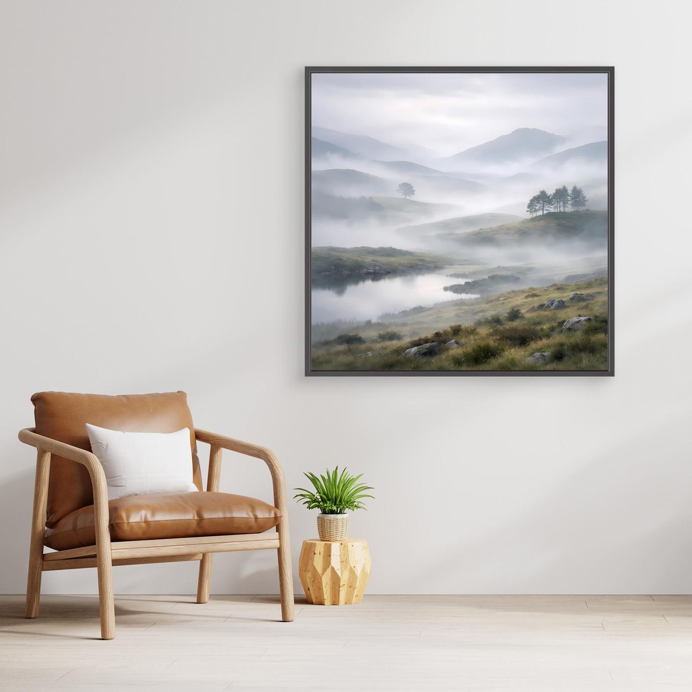 Leinwandbild mit Bergsee im Nebel in schwarzem Rahmen