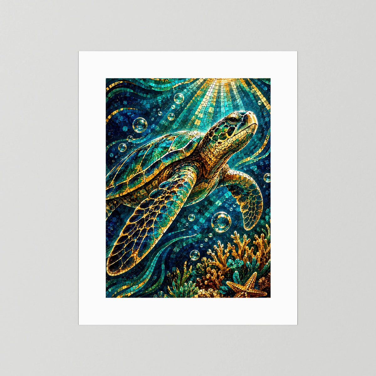 Hochformat-Poster mit Meeresschildkröte im Mosaikstil, türkis-goldenem Unterwassermotiv, ohne Rahmen