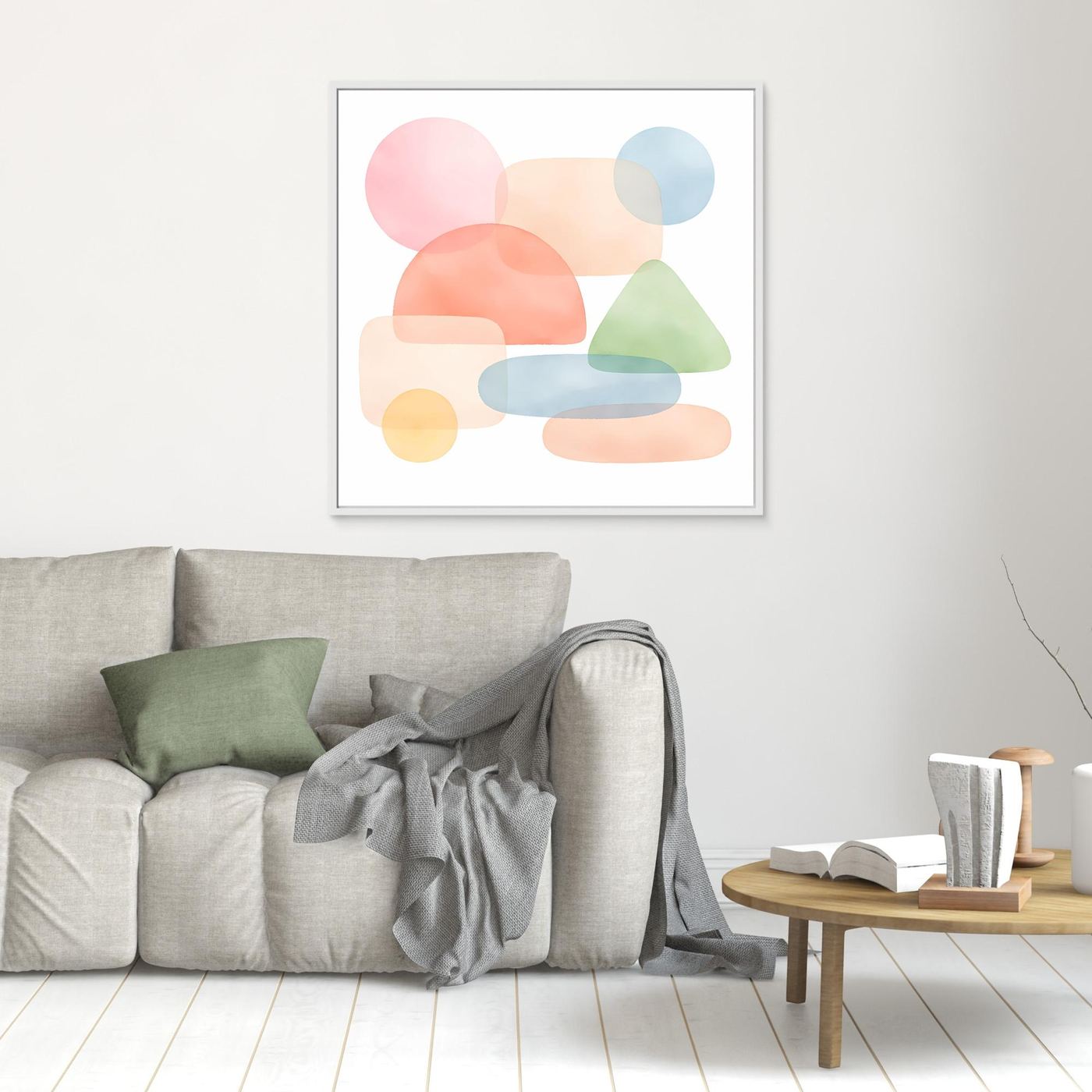 Leinwandbild mit abstrakten Pastellformen in Pink, Blau, Grün und Beige, silberner Rahmen