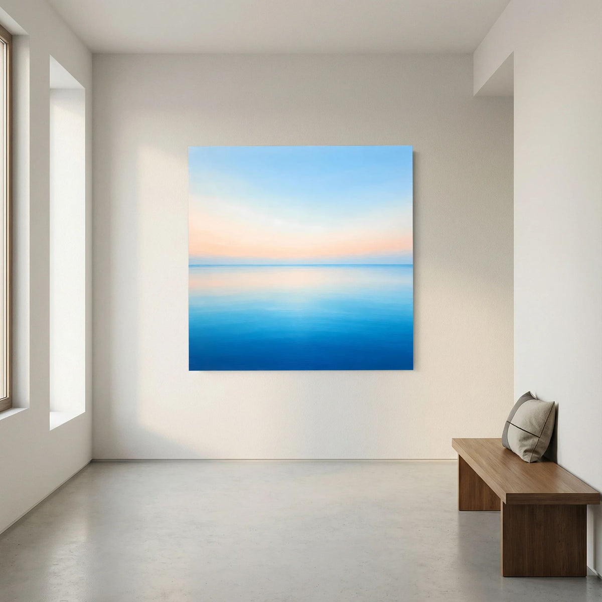 Quadratisches Leinwandbild Meer mit Horizonlinie, pastellige Blau- und Rosatöne