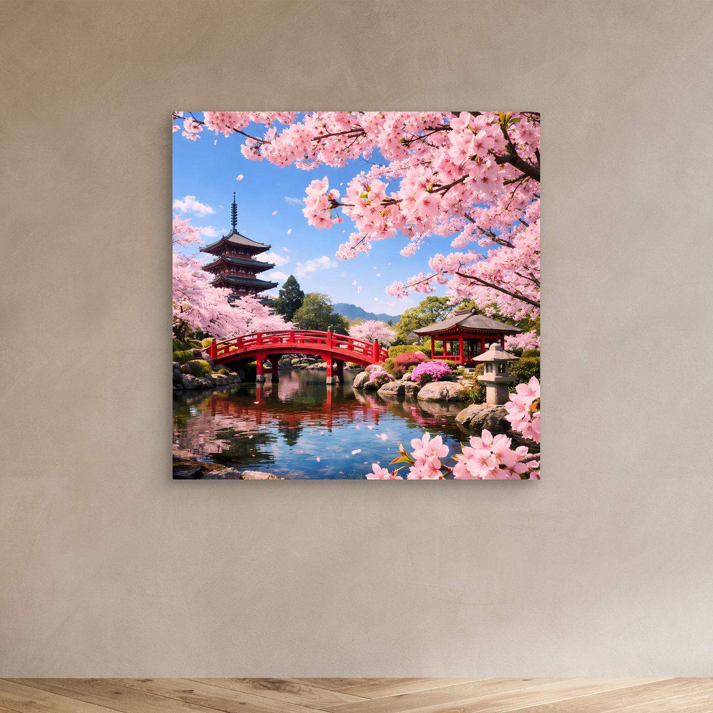Leinwandbild Japanischer Garten mit Kirschblüten, roter Brücke und Pagode