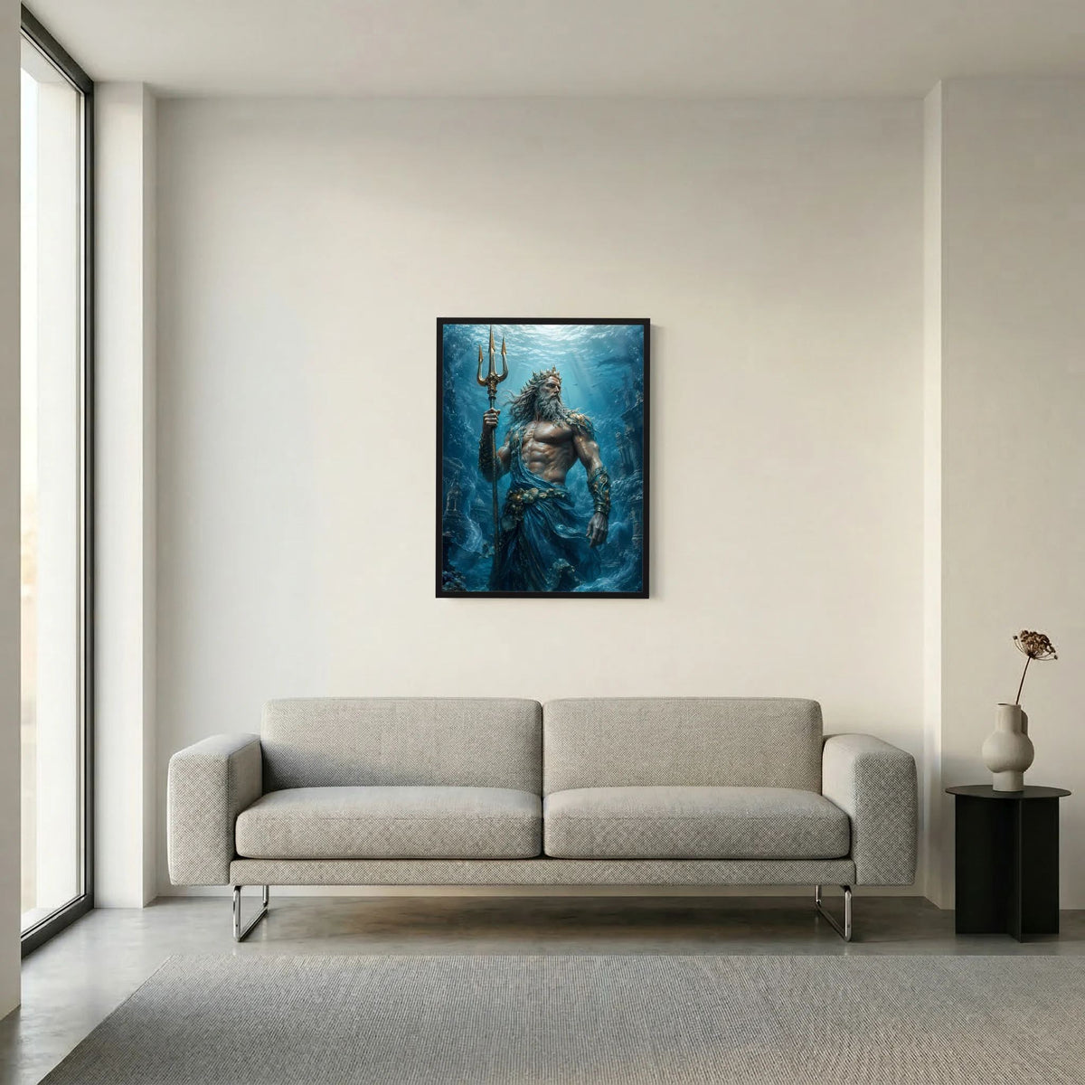 Hochformat-Poster mit Poseidon, Dreizack erhoben, Unterwasserwelt in Blautönen