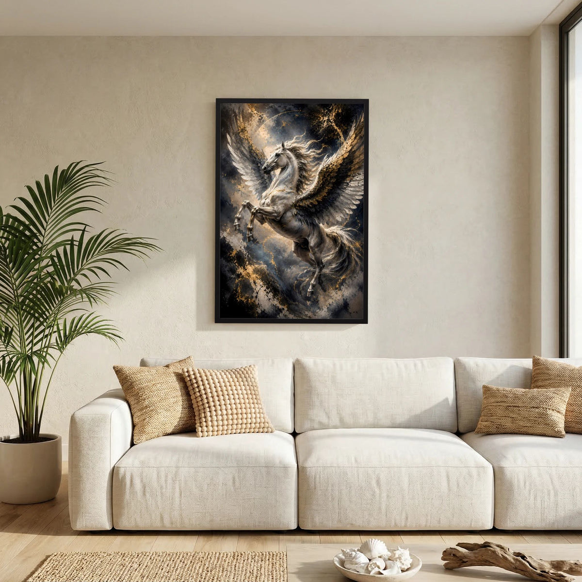 Hochformat-Poster mit Pegasus mit goldenen Flügeln und silbernem Körper, schwarz gerahmt