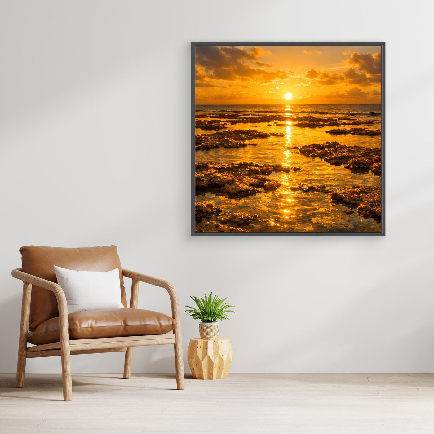 Leinwandbild Sonnenuntergang über dem Meer mit dunklem Rahmen