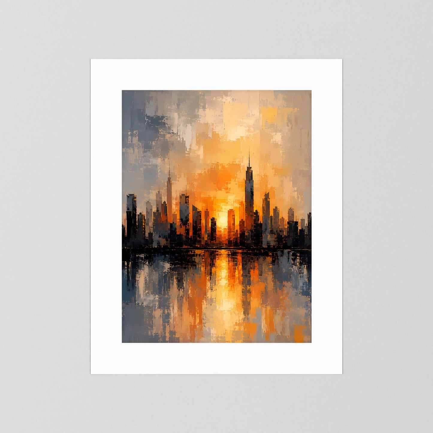 Poster Hochformat mit abstrakter Skyline im Sonnenuntergang, Orange-Gold, weiße Einfassung