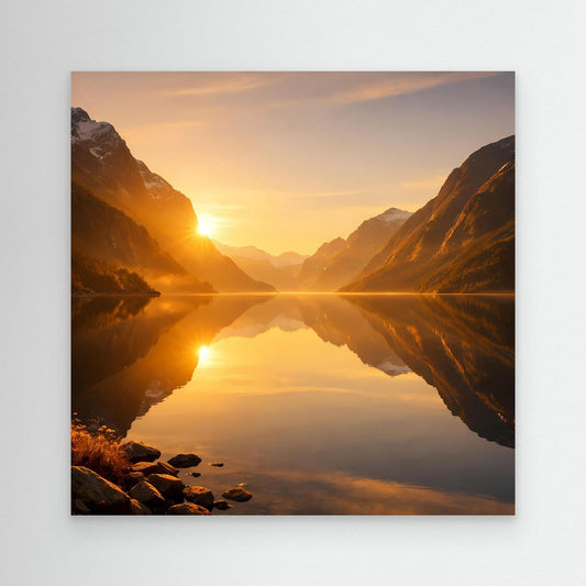 Leinwandbild mit goldenem Fjord, Bergen und Sonnenaufgang über spiegelndem See