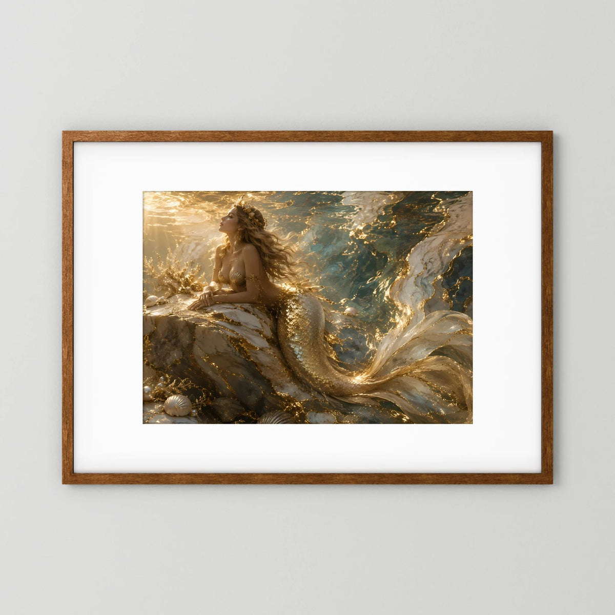 Meerjungfrau-Wandbild mit dunklem Eichenrahmen und goldener Unterwasserillustration