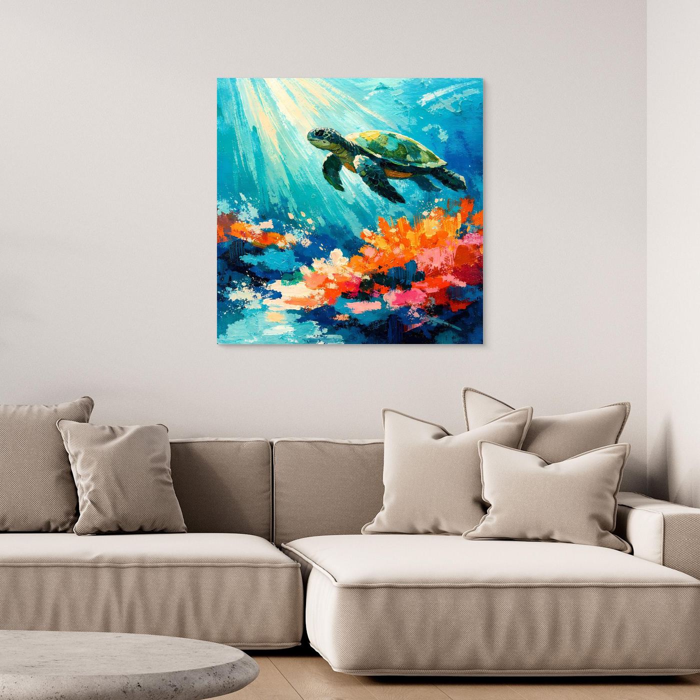 Leinwand Elegante Meeresschildkröte im Korallenriff | Abstraktes Ozean Wandbild