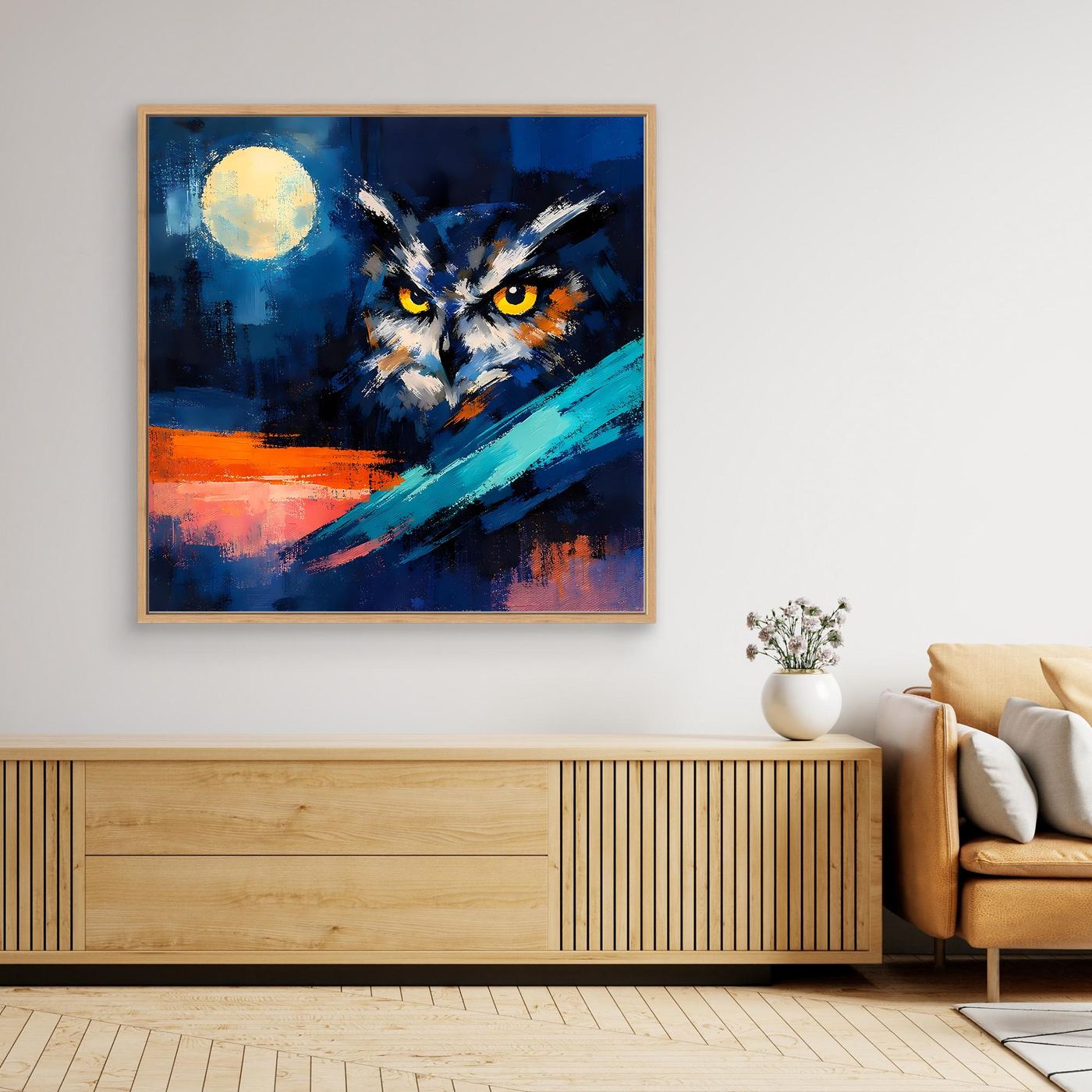 Premium Leinwand Mystische Eule bei Vollmond | Abstraktes Kunst Poster Modernes Nacht Wandbild