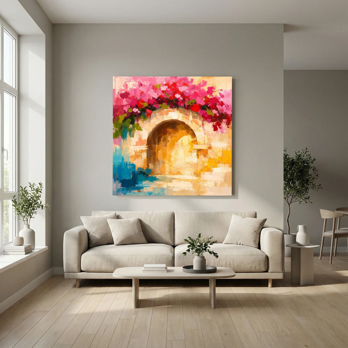Leinwand-Wandbild Torbogen mit Bougainvillea, Pinke Blüten über warmem Bogen
