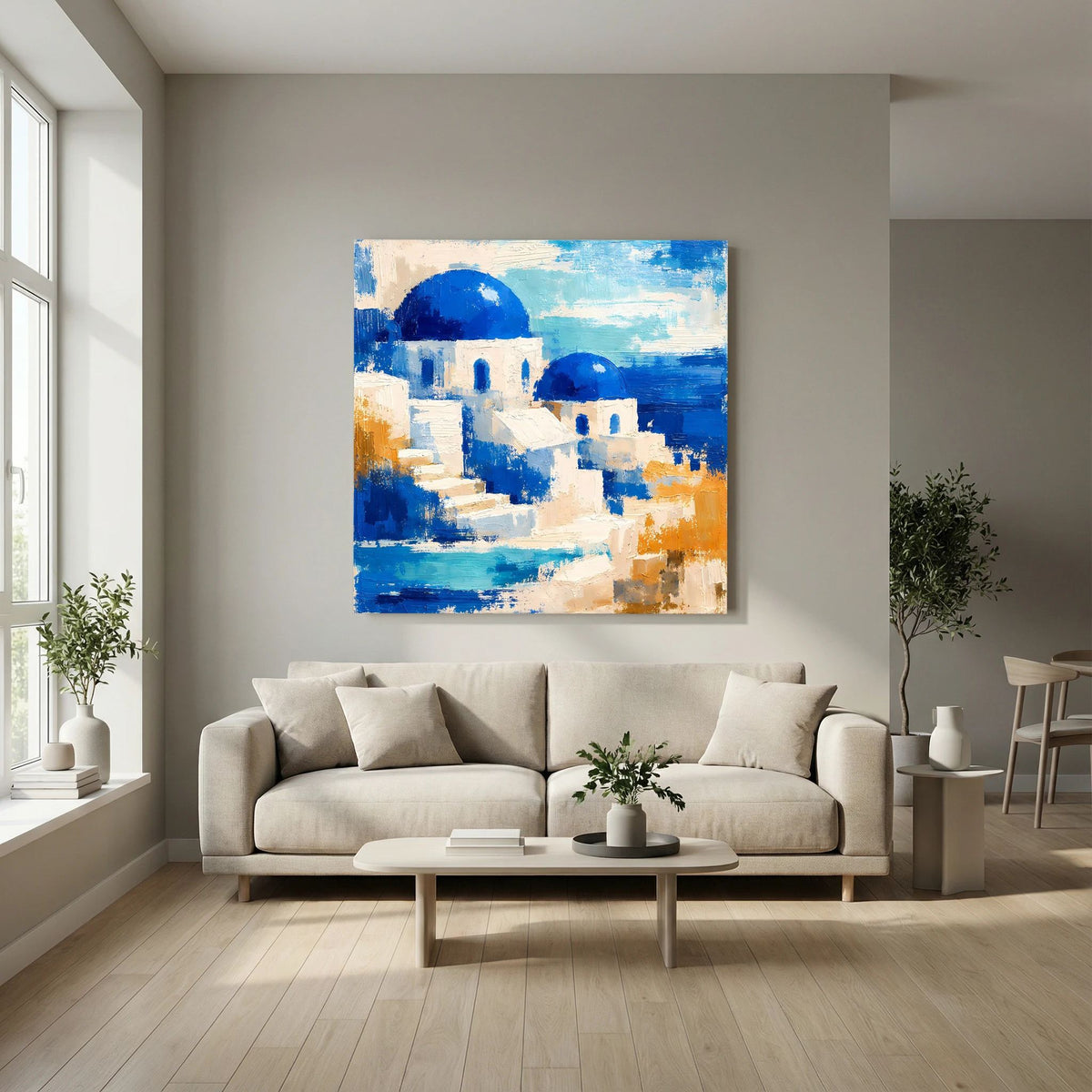 Abstraktes Wandbild mit blauweißen Häusern und blauen Kuppeln auf hellem Hintergrund