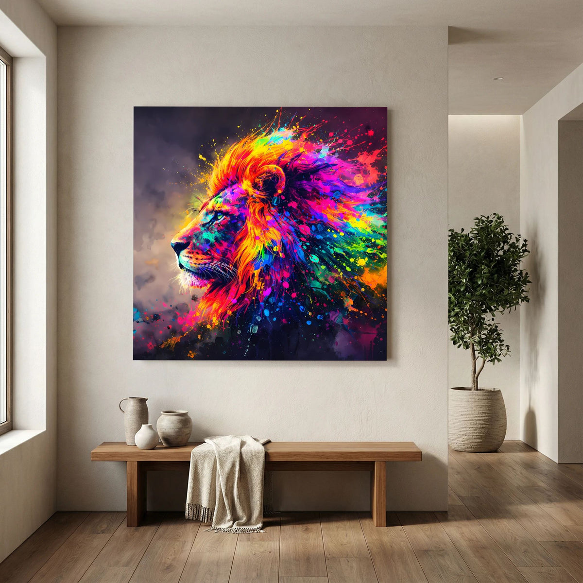 Quadratisches Leinwandbild auf Keilrahmen mit Löwenkopf, Regenbogenfarben und Spritzoptik.