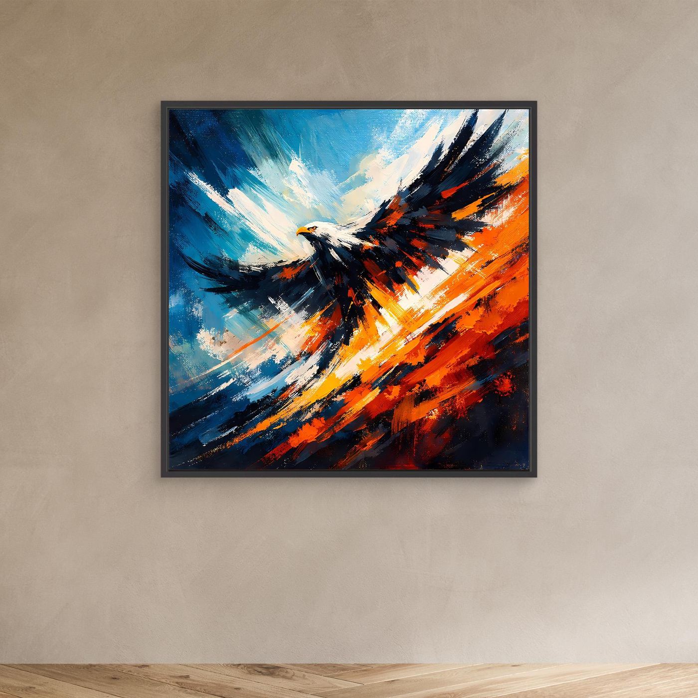Abstraktes Leinwand-Wandbild mit Adler im Flug, kräftige blau-orange Striche, schwarz gerahmt