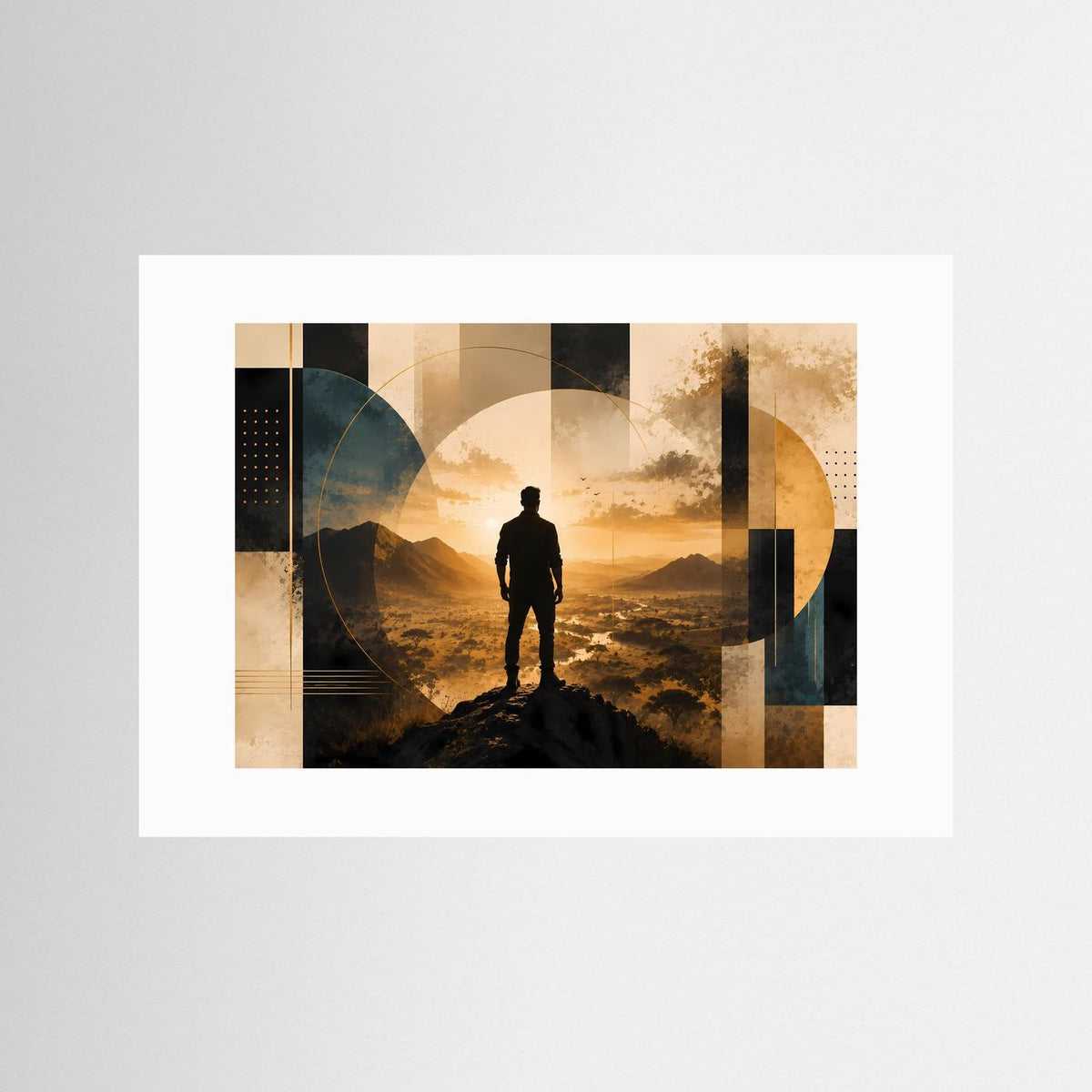 Querformat-Poster mit Silhouette eines Mannes auf Berggipfel, weißes Passepartout, Gold und Schwarz