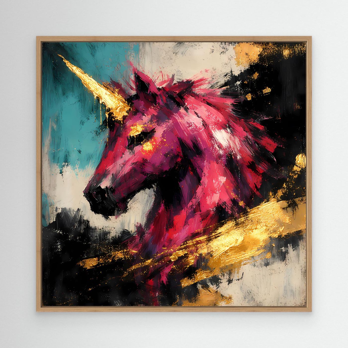 Leinwandbild mit pinkem Einhorn, goldener Sprühoptik und dunkler Struktur, im Holzrahmen