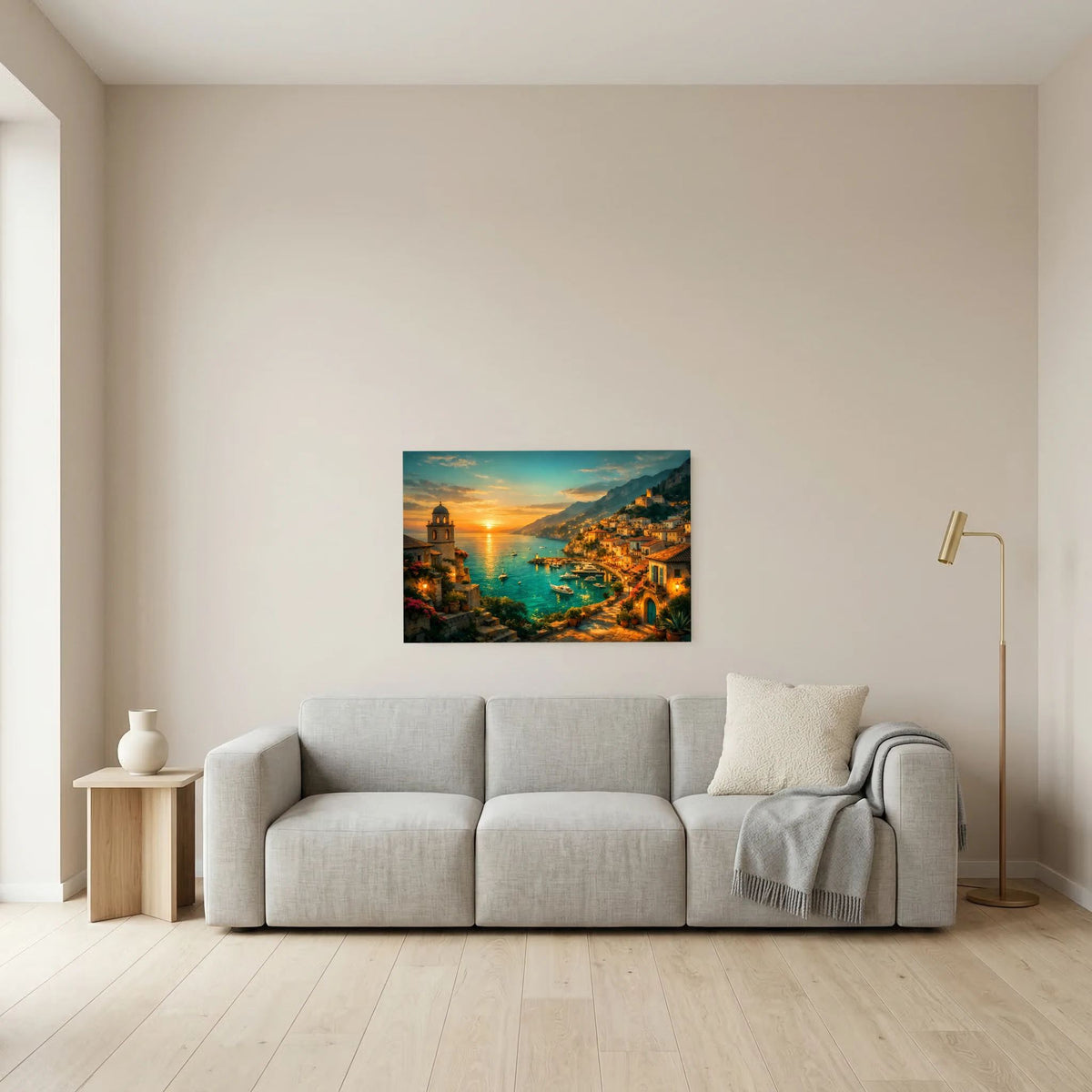 Wandbild im Querformat mit Sonnenuntergang über dem Meer und heller Hafenstadt am Hang
