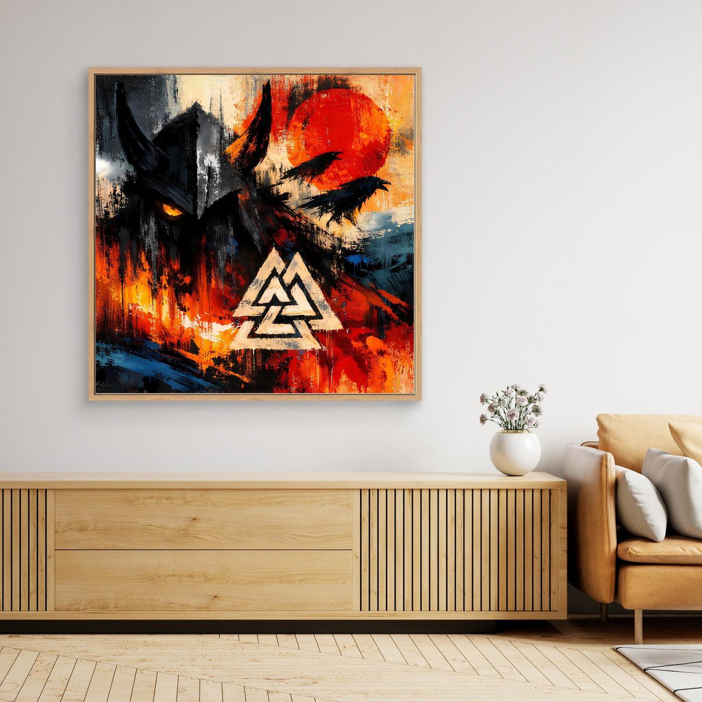 Leinwandbild mit schwarzer Rabenfigur und Valknut-Symbol, abstrakt in Rot-Blau mit dunklen Kontrasten