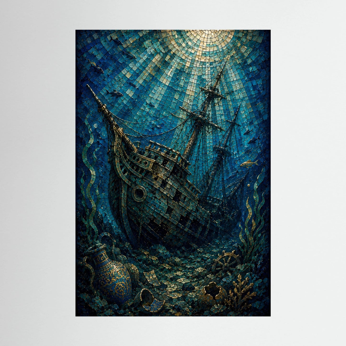 Poster mit versunkenem Segelschiff im Mosaikstil, Blau und Gold