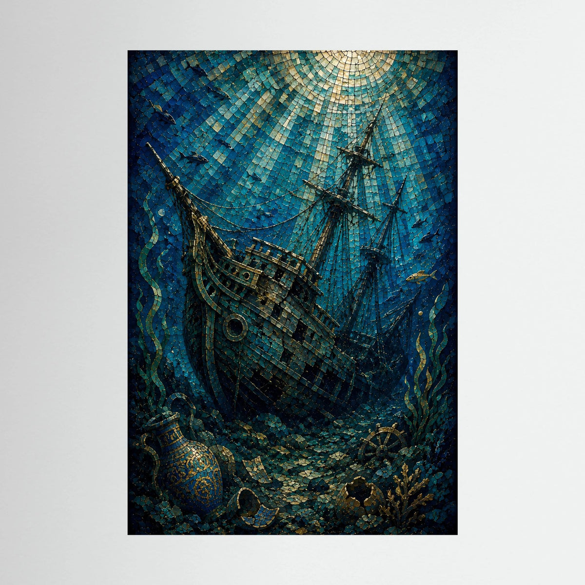 Poster mit versunkenem Segelschiff im Mosaikstil, Blau und Gold