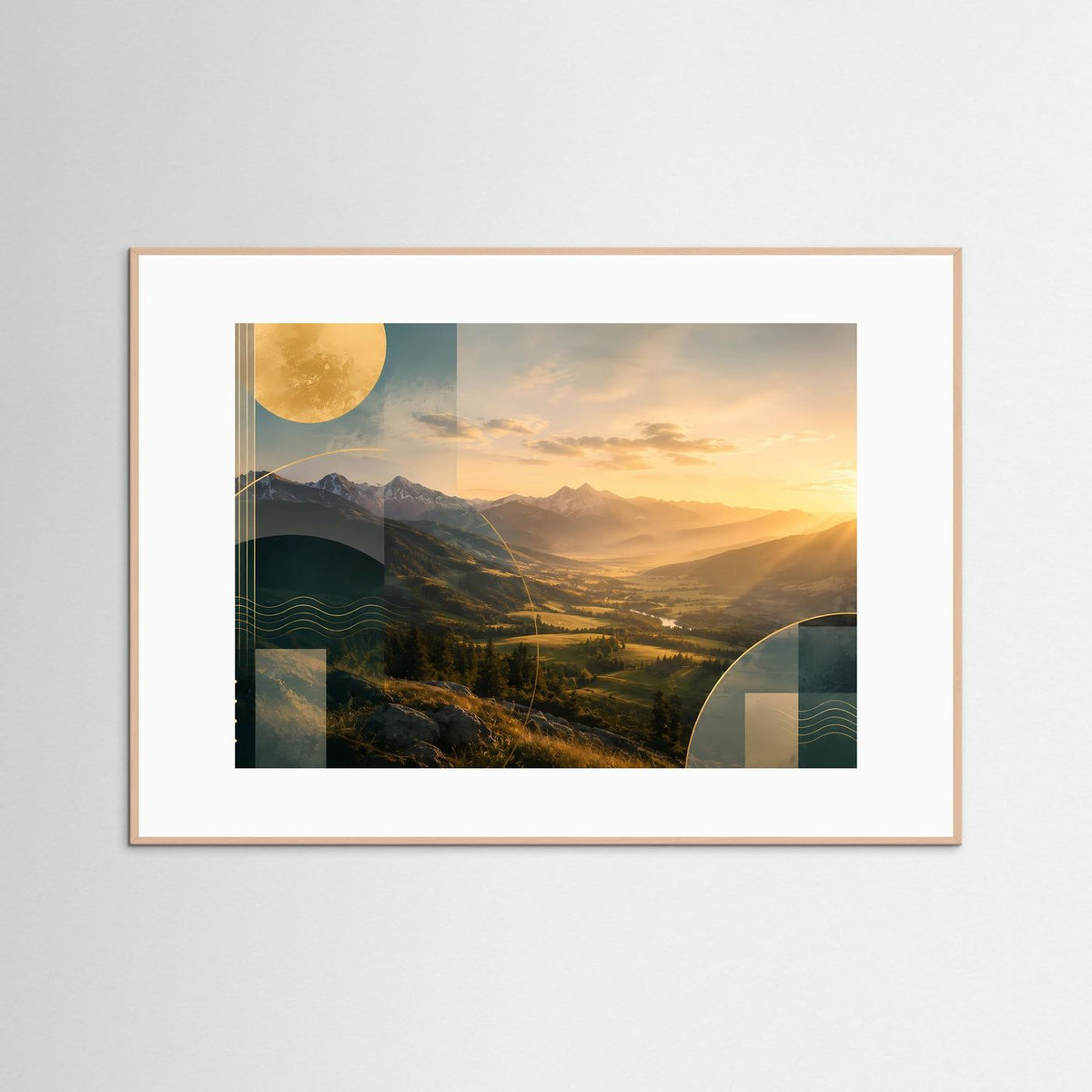 Gerahmtes Poster mit moderner Alpen-Szene, Goldiger Sonnenuntergang mit Petrol-Flächen, Querformat