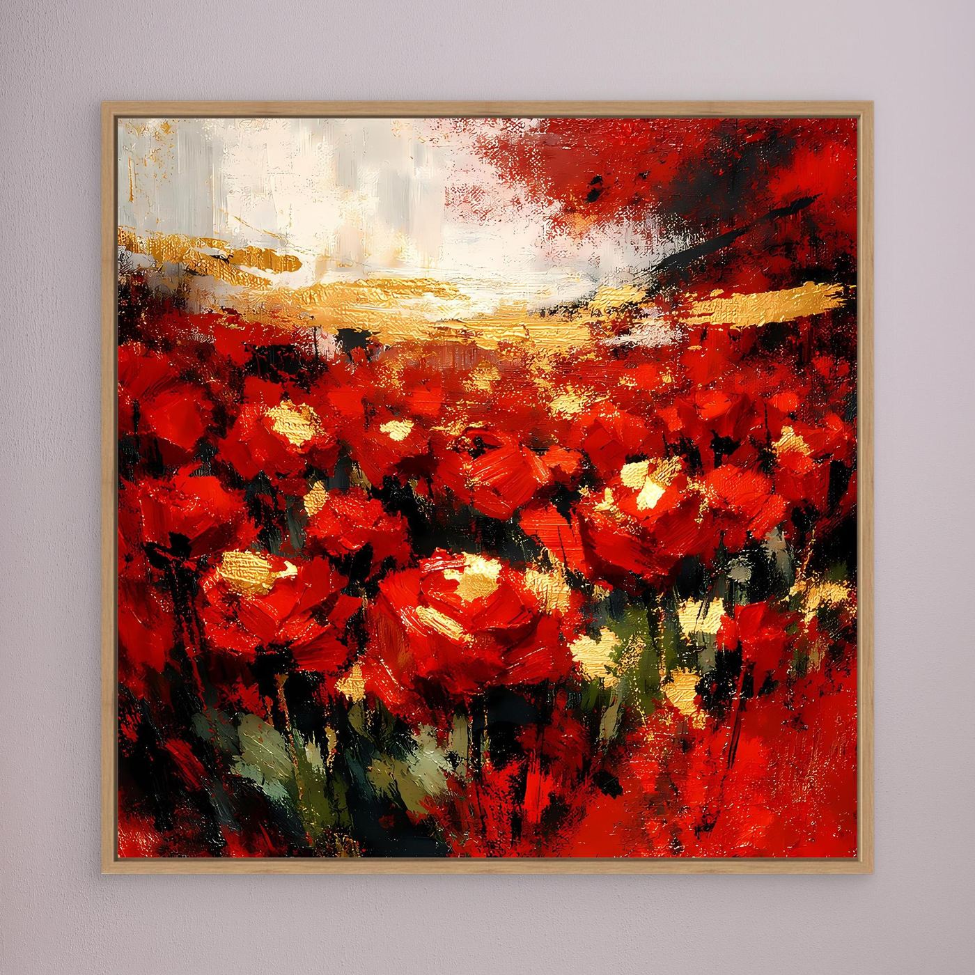 Wandbild mit abstraktem Blumenfeld, roten Blüten und Goldakzenten, brauner Holzrahmen