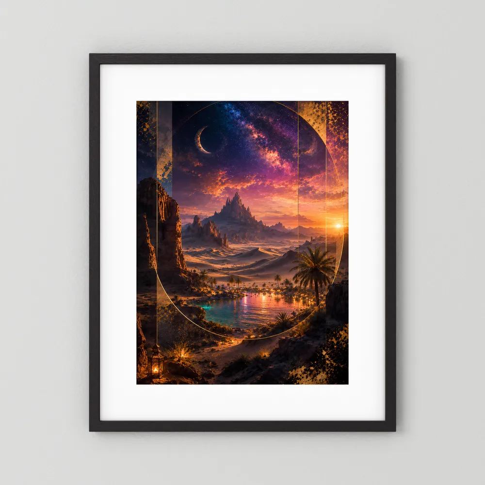 Hochformat-Poster im schwarzen Rahmen mit weißem Rand: Wüstenoase, Mondsichel und Sonne.