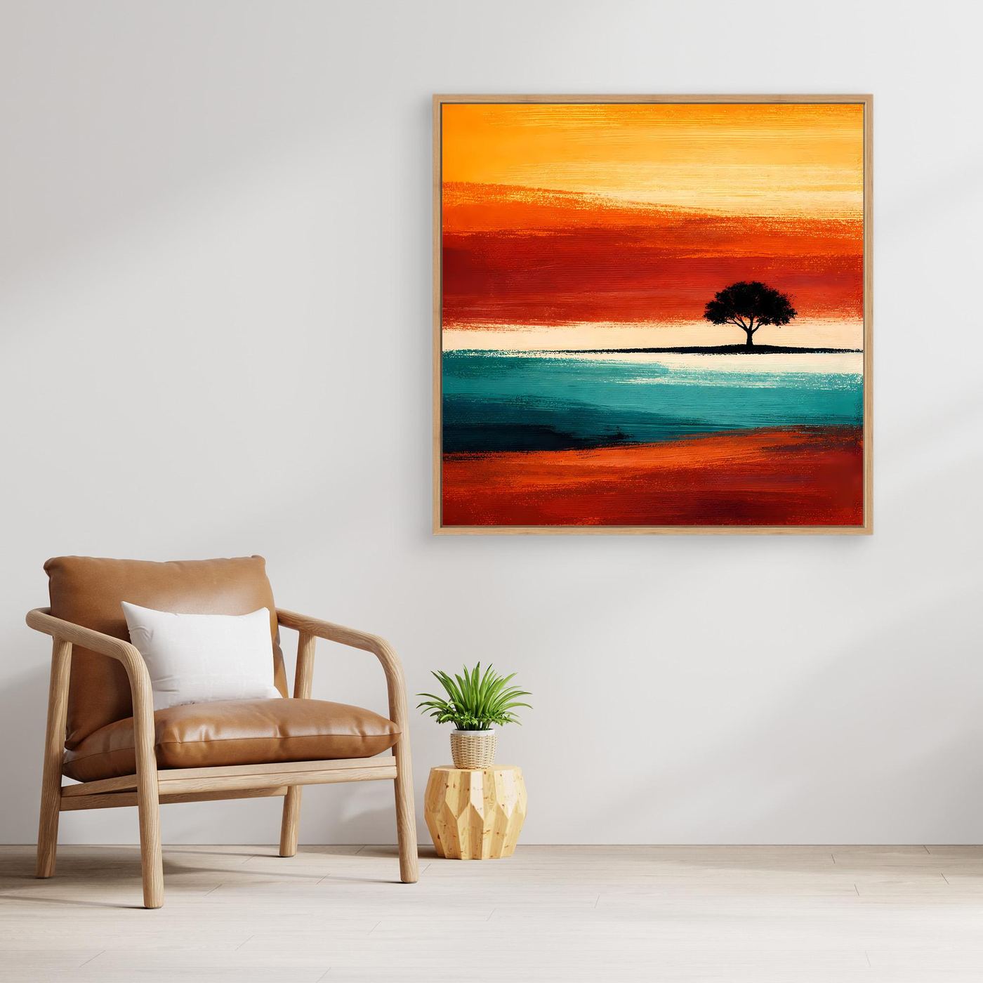 Gerahmtes Leinwandbild, abstrakte Landschaft mit Baum-Silhouette: türkis, orange und rot