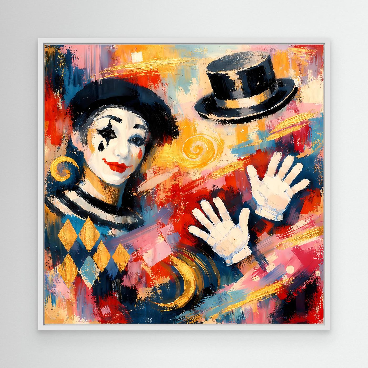 Leinwandbild mit Clown im Zylinder, weißer Rahmen, weißes Gesicht, bunte Farbflächen