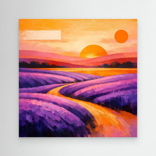Leinwandbild mit abstraktem Lavendelfeld, Provence-Landschaft in Lila und Orange