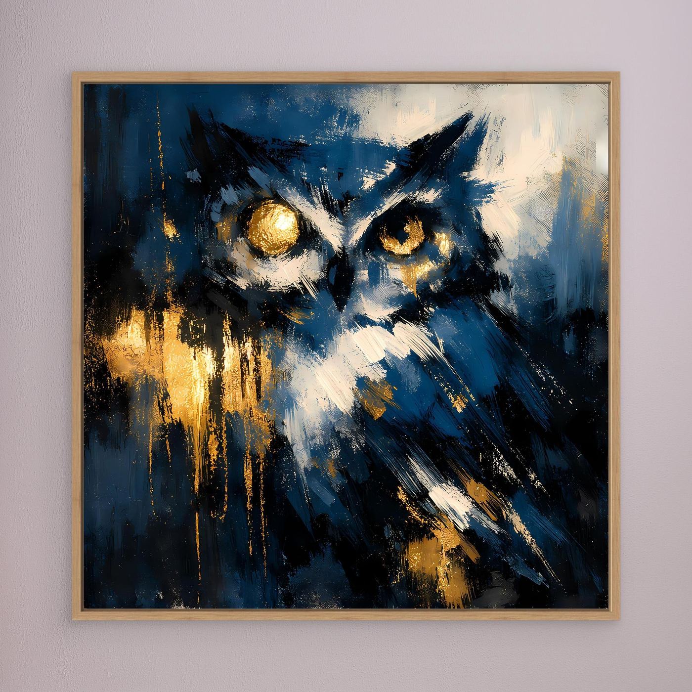 Abstraktes Eulen-Leinwandbild in Blau mit goldenen Akzenten, Holzrahmen