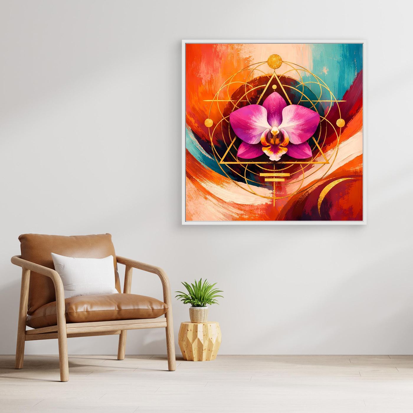 Quadratisches Leinwandbild mit lila Orchidee, farbigen Flächen und geometrischen Linien