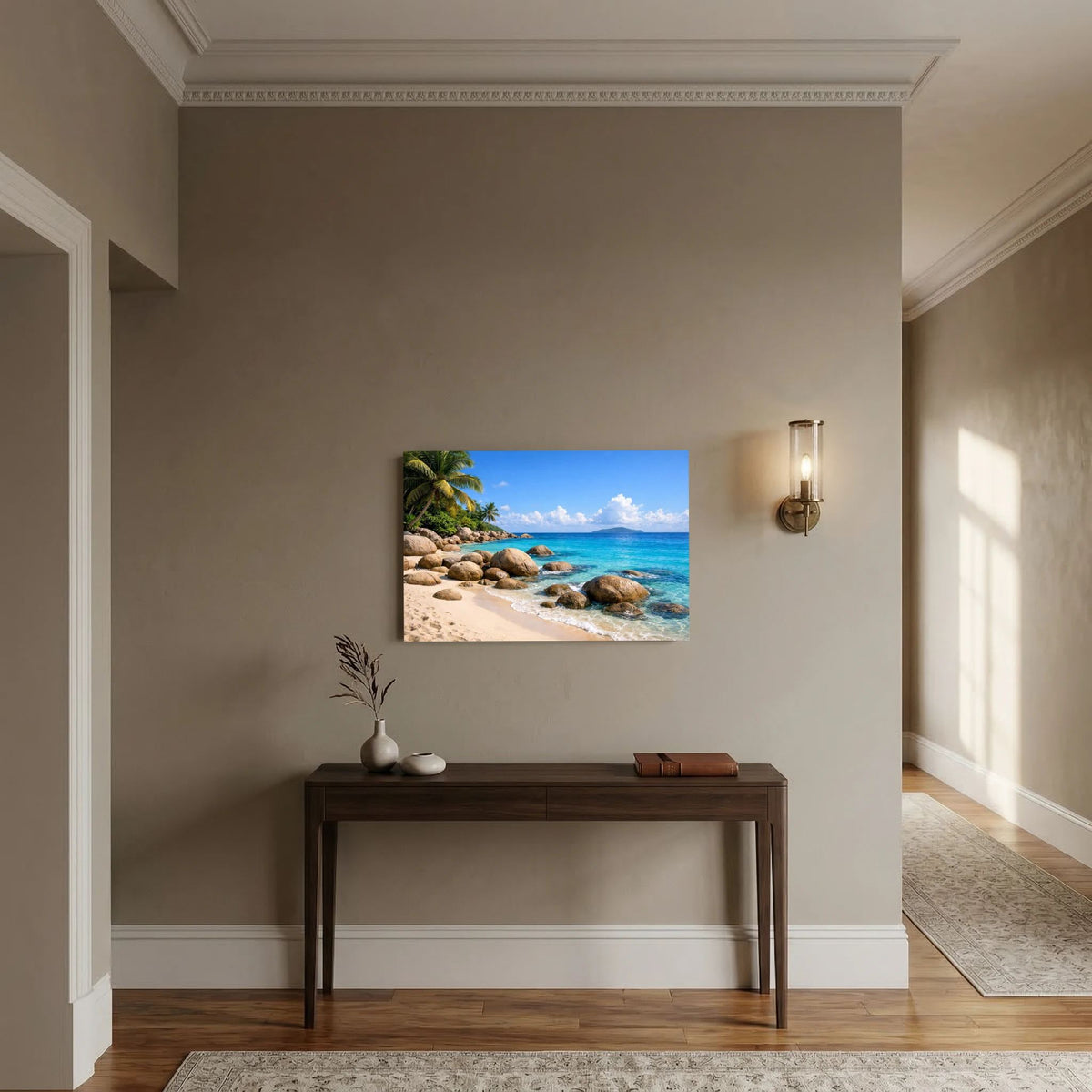 Wandposter mit Strandmotiv und Granitfelsen in Querformat, rahmenlos