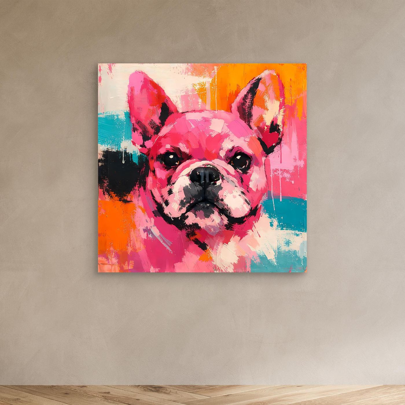Abstract French bulldog painting without frame, bright pink, orange, teal and black strokes
