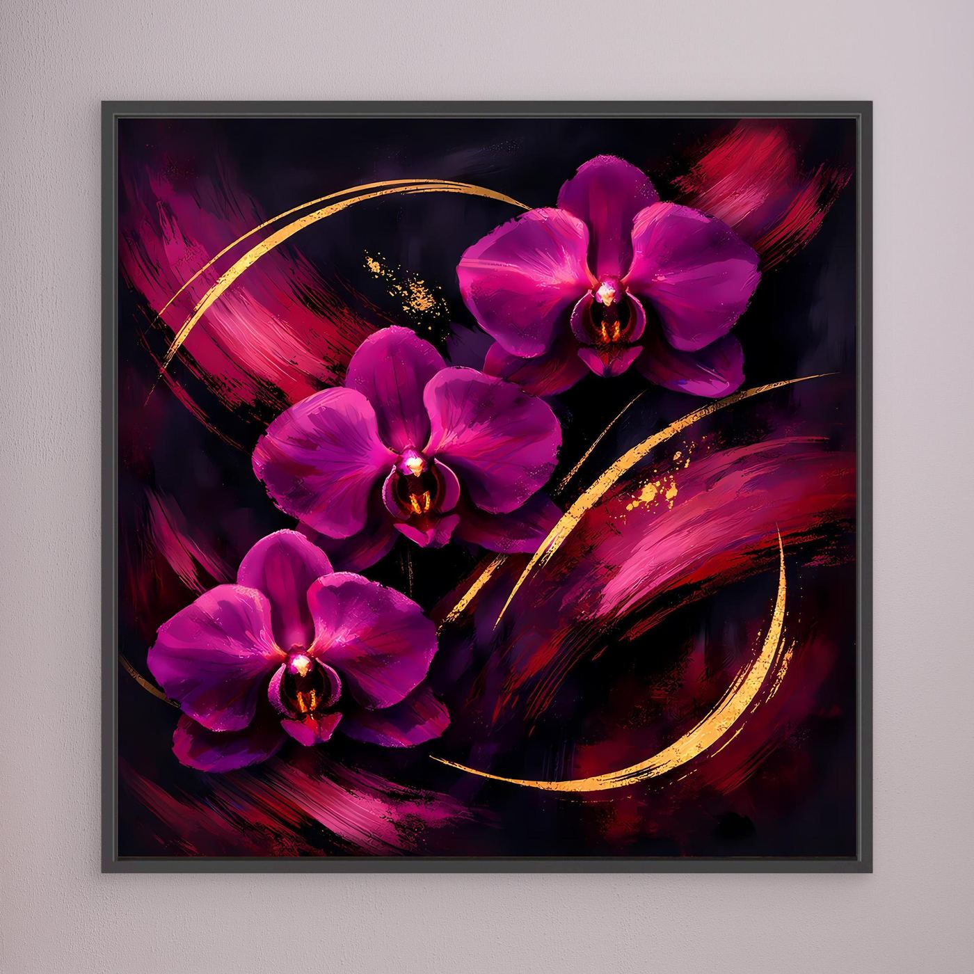 Leinwandbild mit magenta Orchideen und goldenen Bögen, abstrakte Pinselstriche im dunklen Rahmen