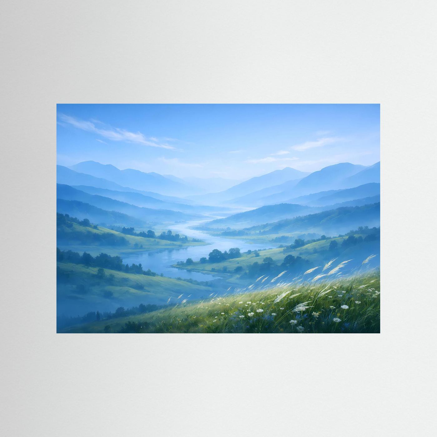 Wandbild mit Landschaftsmotiv ohne Rahmen, blaue Berge, Nebeltal und Wiesen