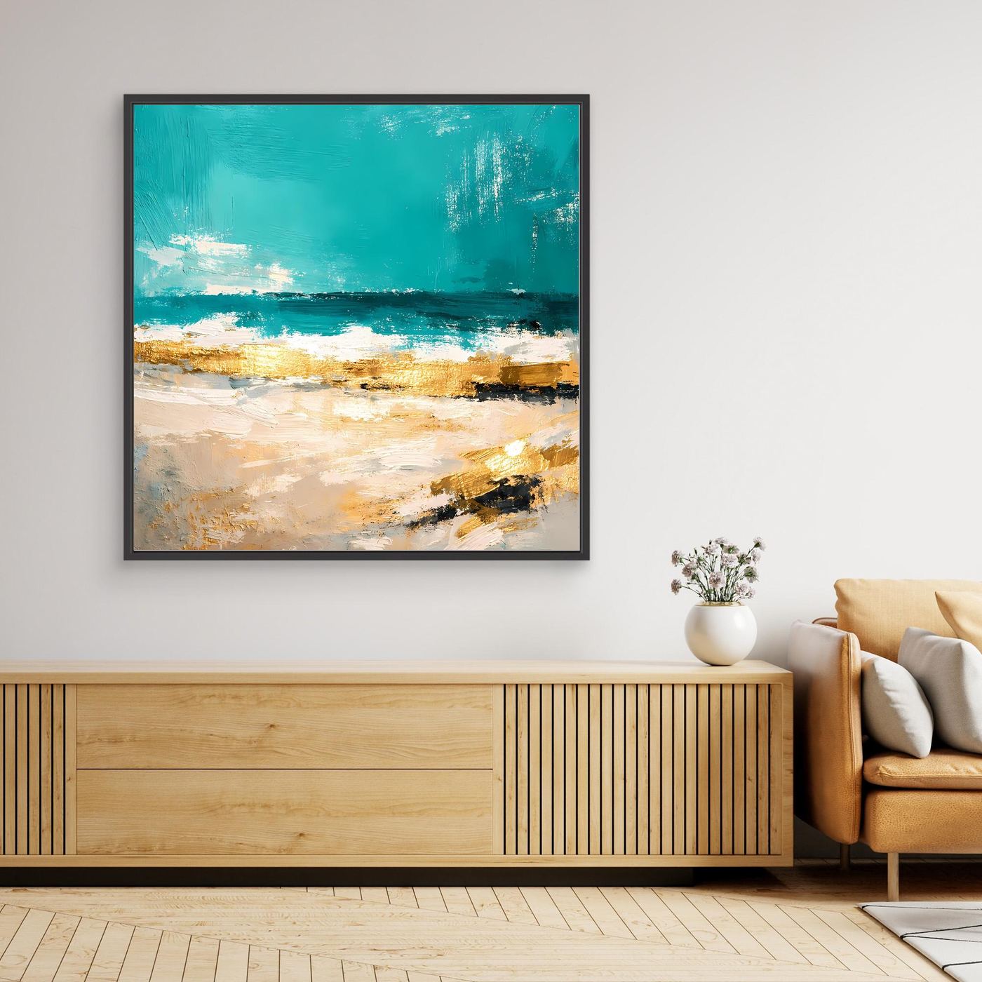 Leinwand Abstraktes Strandgemälde in Türkis und Gold | Modernes Meer Wandbild