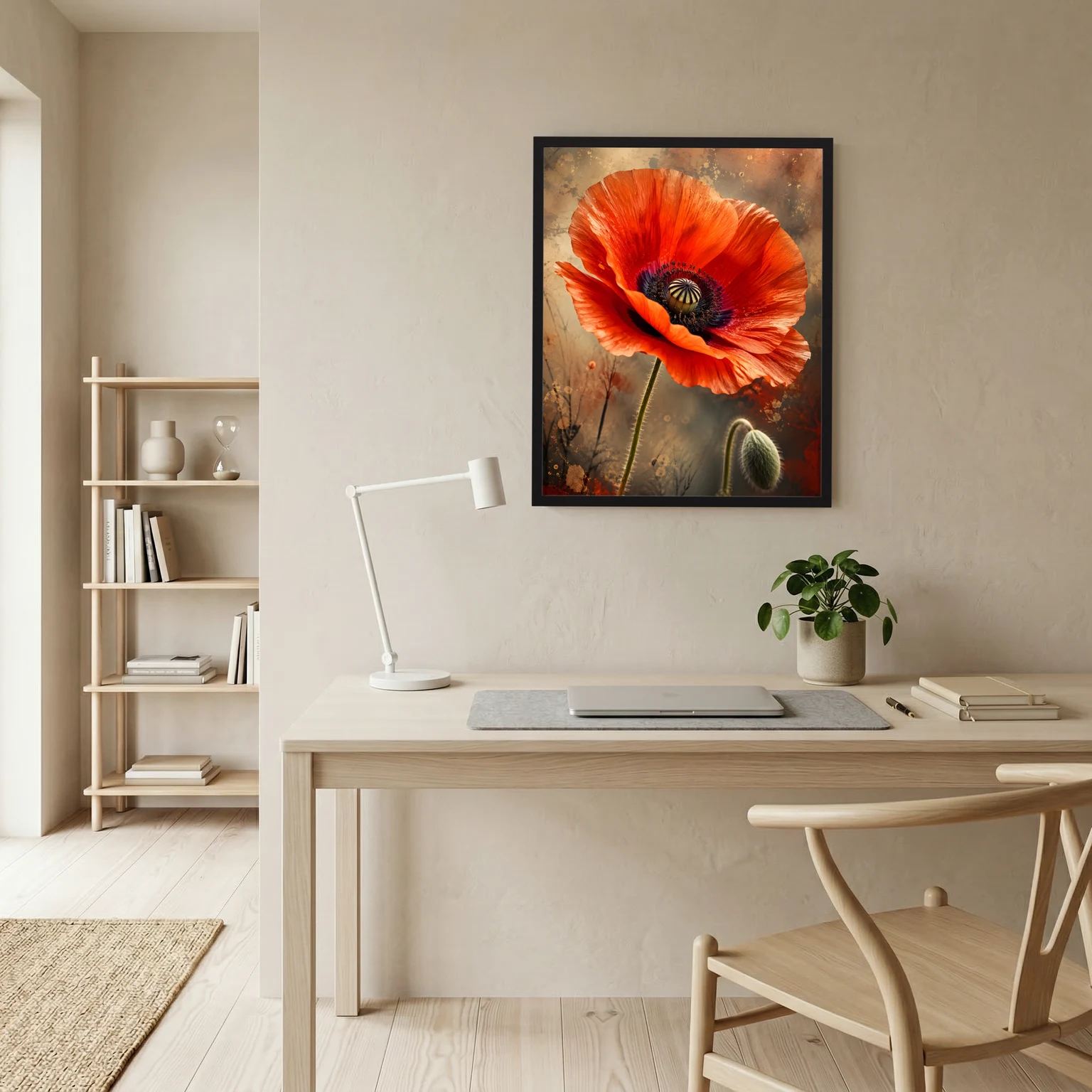 Gerahmtes Poster (Hochformat) mit roter Mohnblüte in Nahaufnahme