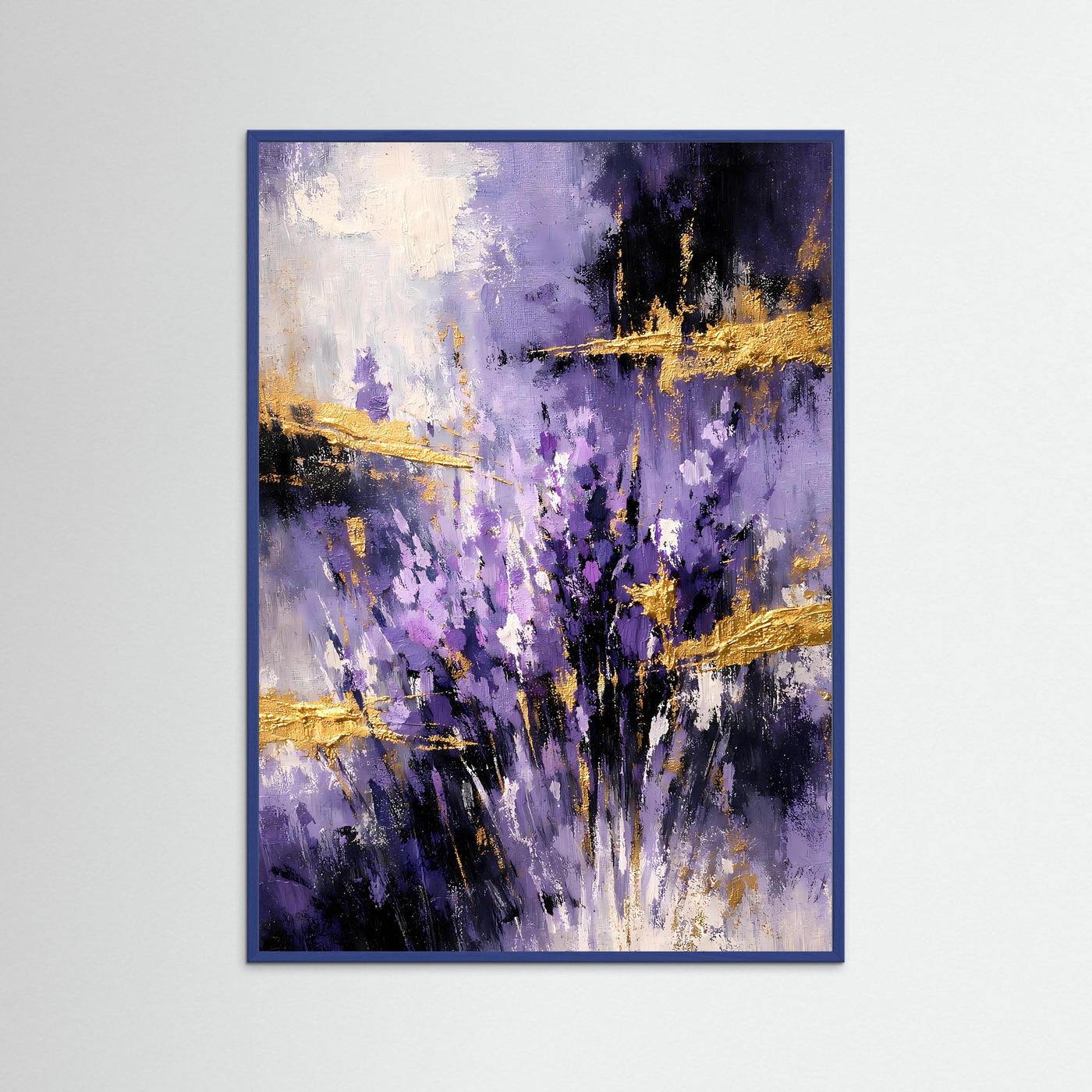 Gerahmtes abstraktes Kunstposter im Hochformat mit violetten, goldenen und weißen Akzenten