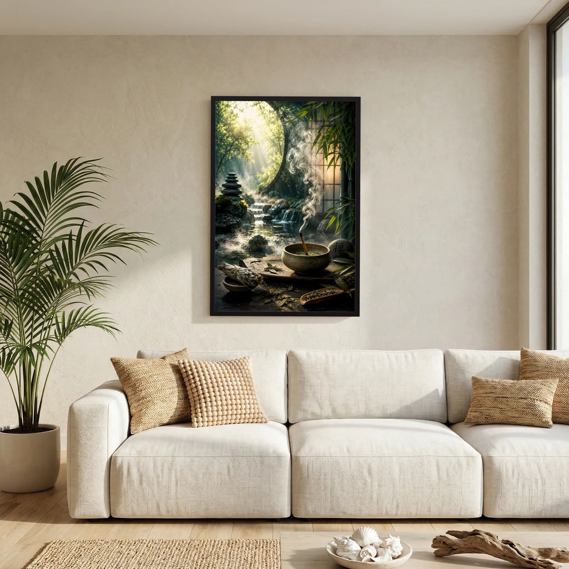 Wandposter im Hochformat mit schwarzem Rahmen: Räucherschale mit Rauch, Bambus und Bach