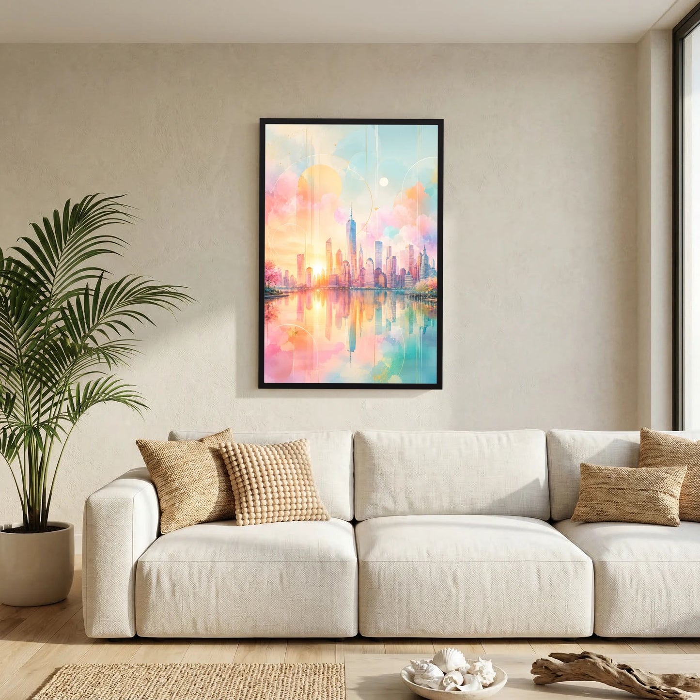 Hochformatiges Kunstposter mit abstrakter Skyline in Pastellrosa und Türkis, schwarzer Rahmen