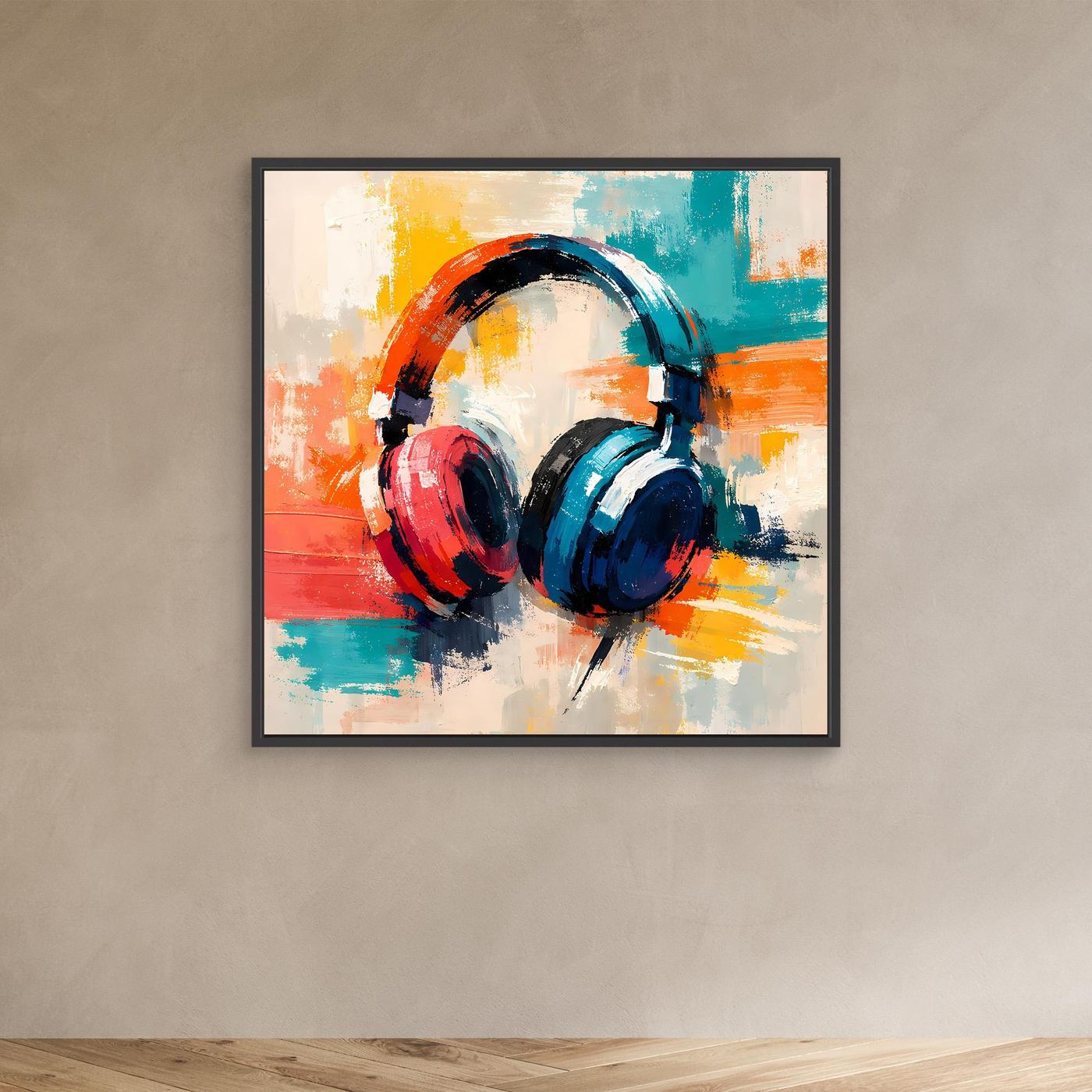 Abstract headphone wall art with black frame; multicolor paint headphone design