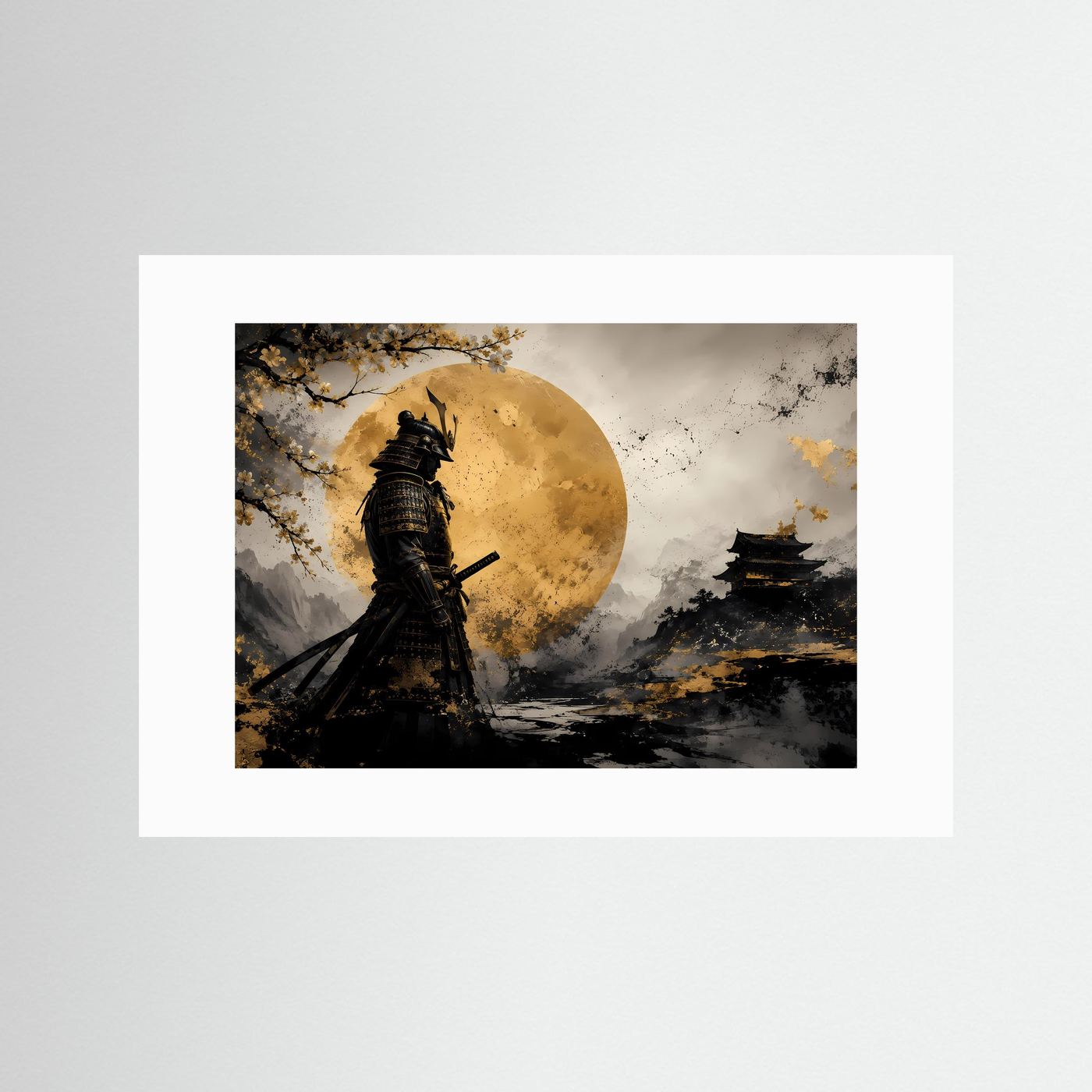 Einsamer Samurai vor goldenem Mond | Japanische Kunst & Kirschblüten Poster