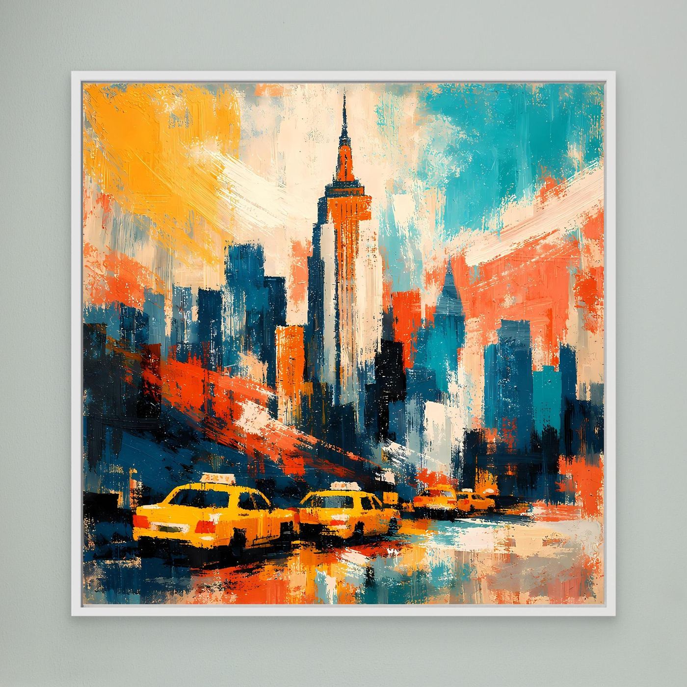 Abstraktes Leinwand-Wandbild mit Skyline und gelben Taxis, weiß gerahmt