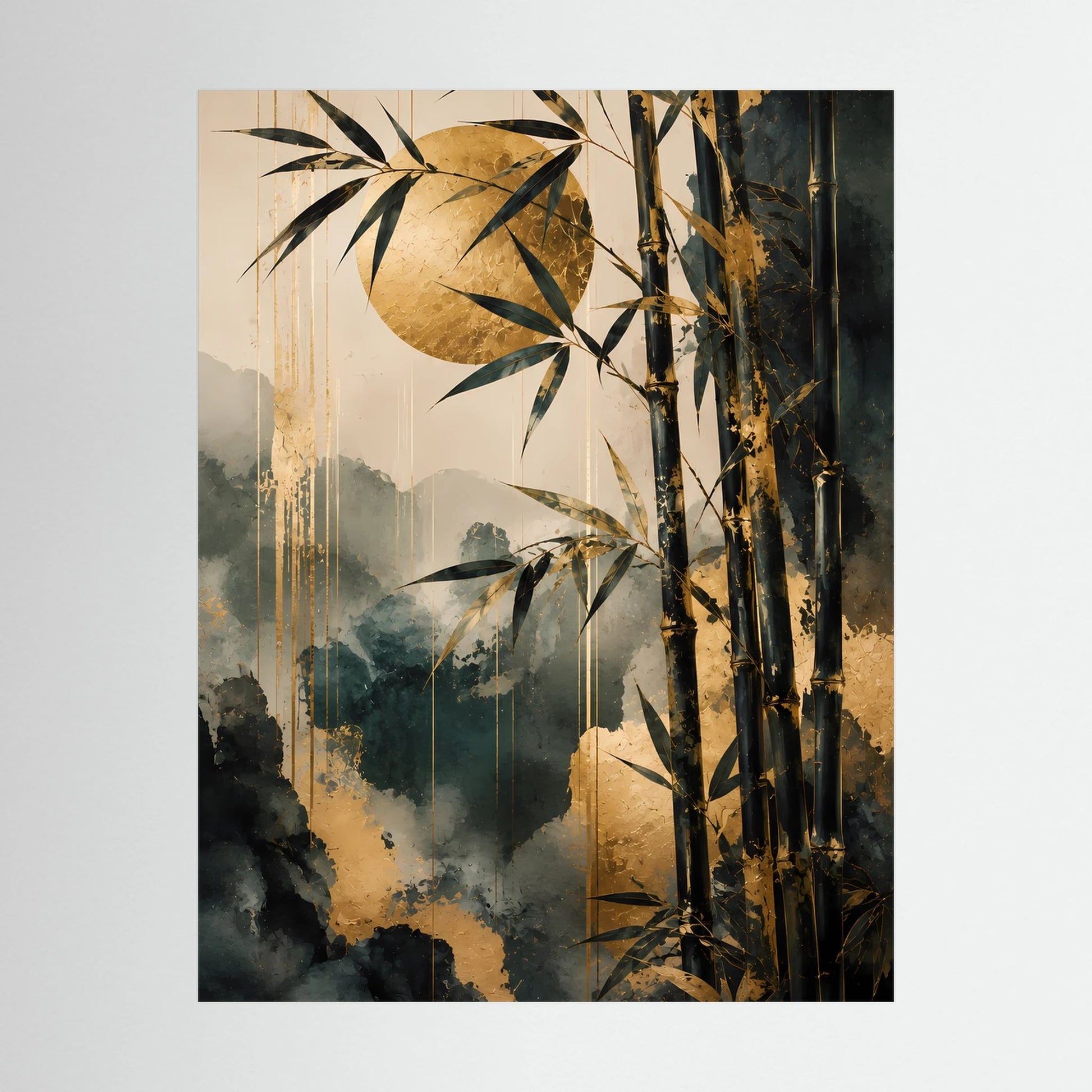 Poster im Hochformat mit Bambusblatt-Detail in Gold und Grau, schwarzer Rand
