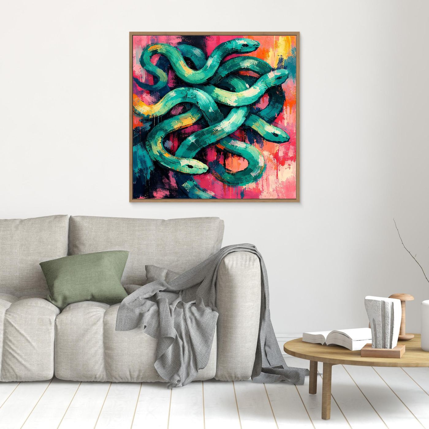 Abstract snake wall art canvas, teal-green coils with pink and orange splashes, wood frame