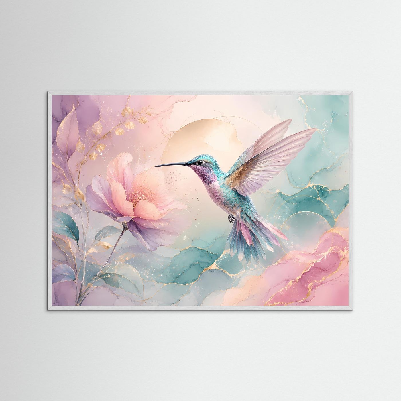 Kolibri Wandbild Pastell | Blüten Poster Rosa Türkis | Elegante Botanische Wandkunst | Moderne Leinwand mit Goldakzenten | Fine Art